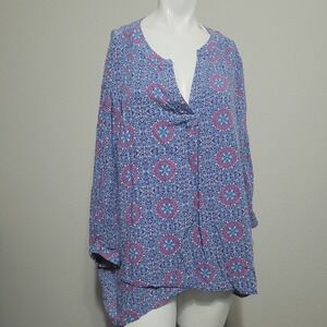 Cynthia Rowley 2X Blouse tunic longsleeve geometric faux wrap  button tiered